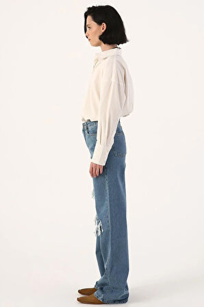 Mavi01-Yüksek Bel Yırtık Detaylı Jean Pantolon