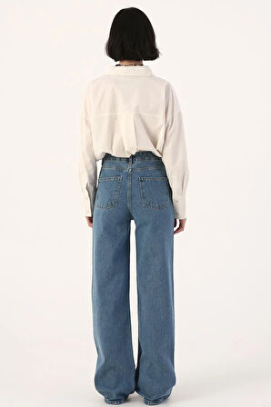 Mavi01-Yüksek Bel Yırtık Detaylı Jean Pantolon