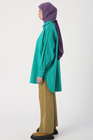 Yeşil-Oversize Cepli Gömlek Tunik