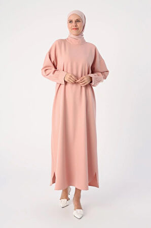 Pudra-Kemerli Yanları Oval Yırtmaçlı Elbise