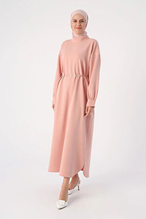 Pudra-Kemerli Yanları Oval Yırtmaçlı Elbise