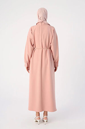 Pudra-Kemerli Yanları Oval Yırtmaçlı Elbise
