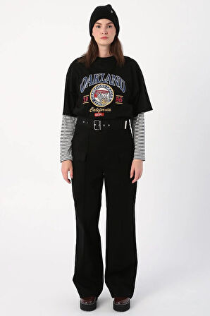 Siyah-Palaska Kemerli Cepli Bol Paça Pantolon