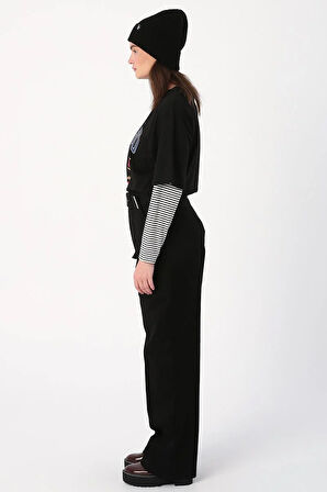 Siyah-Palaska Kemerli Cepli Bol Paça Pantolon