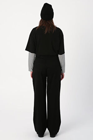 Siyah-Palaska Kemerli Cepli Bol Paça Pantolon