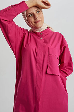 Koyu Pembe-%100 Pamuklu Hakim Yaka Tek Cepli Tunik
