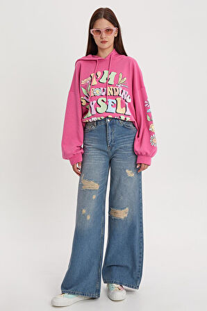 Mavi-Yırtık Detaylı Bol Paça Denim Pantolon