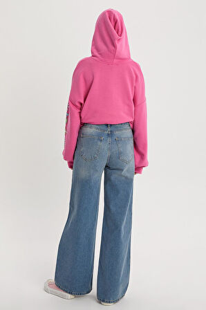 Mavi-Yırtık Detaylı Bol Paça Denim Pantolon