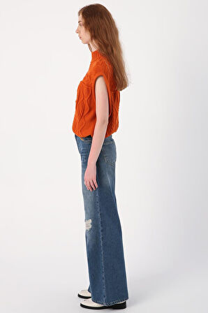 Mavi01-Yırtık Detaylı Bol Paça Denim Pantolon