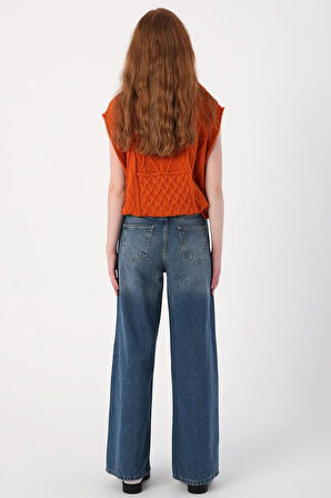 Mavi01-Yırtık Detaylı Bol Paça Denim Pantolon