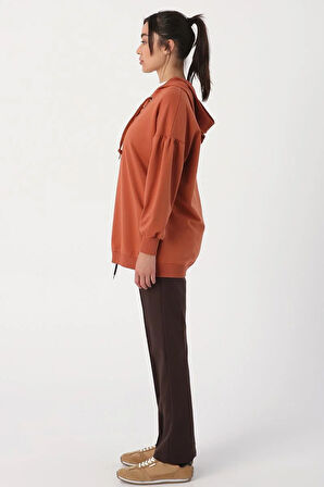 Tarçın-Oversize Kapüşonlu Yaka Detaylı Sweatshirt