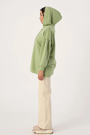 Açık Yeşil-Oversize Kapüşonlu Yaka Detaylı Sweatshirt