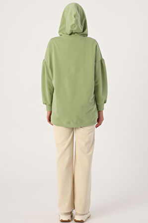 Açık Yeşil-Oversize Kapüşonlu Yaka Detaylı Sweatshirt