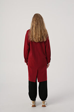 Koyu Bordo-Düğmeli Rahat Kalıp Örme Ceket