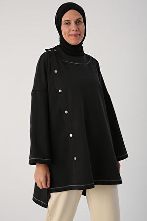 Siyah-Sim Dikişli Çıtçıtlı Oversize Tunik