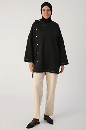 Siyah-Sim Dikişli Çıtçıtlı Oversize Tunik