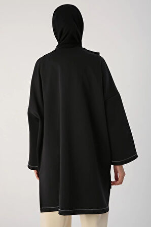 Siyah-Sim Dikişli Çıtçıtlı Oversize Tunik