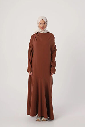 Açık Kahve-Degaje Yaka Kapüşonlu Elbise