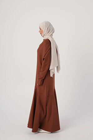Açık Kahve-Degaje Yaka Kapüşonlu Elbise