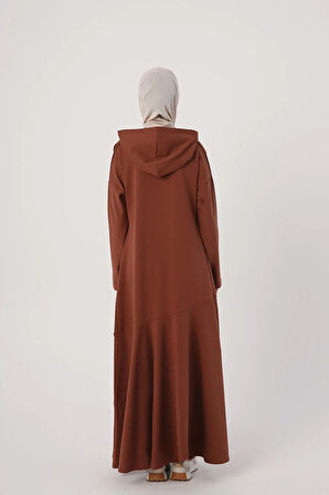 Açık Kahve-Degaje Yaka Kapüşonlu Elbise