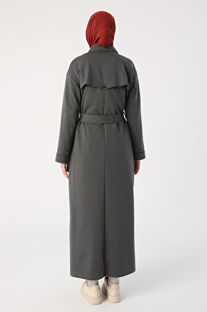 Antrasit01-Kuşaklı Rüzgarlıklı Düğmeli Rahat Kalıp Ferace