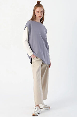 Soft Lila-Oversize Yırtmaç Detaylı Basic Süveter