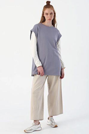 Soft Lila-Oversize Yırtmaç Detaylı Basic Süveter