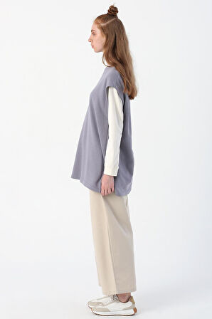 Soft Lila-Oversize Yırtmaç Detaylı Basic Süveter