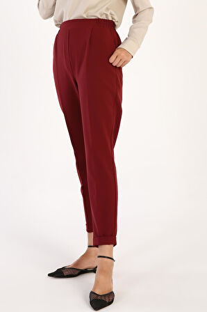 Bordo-Beli Lastikli Havuc Pantolon