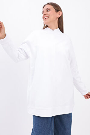 Beyaz-Bisiklet Yaka Reglan Kol Sweatshirt