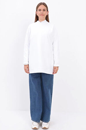 Beyaz-Bisiklet Yaka Reglan Kol Sweatshirt