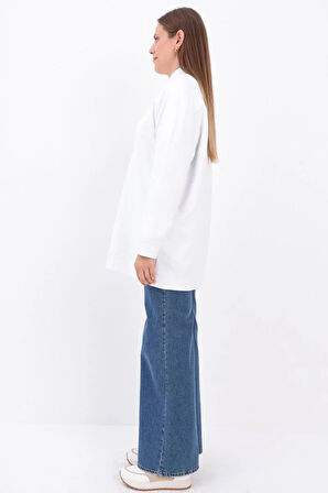Beyaz-Bisiklet Yaka Reglan Kol Sweatshirt