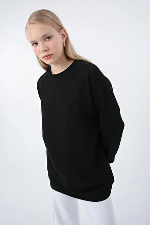 Siyah-Bisiklet Yaka Reglan Kol Sweatshirt