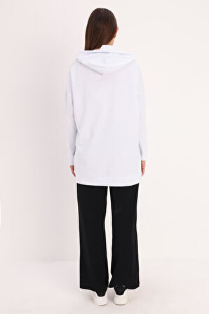 Beyaz-Kapüşonlu Sweat Hırka
