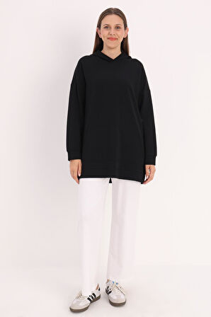 Siyah-Kapüşonlu Kanguru Cepli Sweatshirt