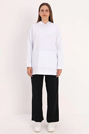 Beyaz-Kapüşonlu Kanguru Cepli Sweatshirt