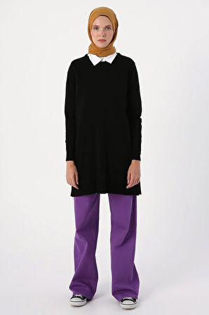 Siyah-Bisiklet Yaka Triko Tunik