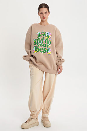 Bej01-Baloncuk Baskılı Oversize Sweatshirt