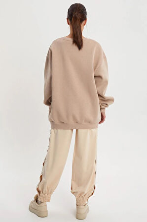 Bej01-Baloncuk Baskılı Oversize Sweatshirt