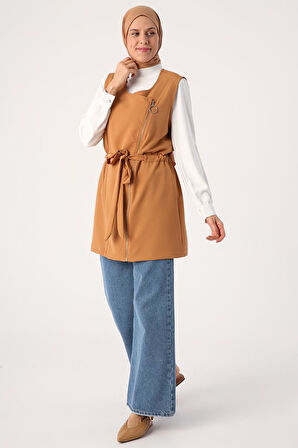 Toprak-Fermuarlı Kemerli Yelek