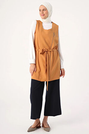 Hardal-Fermuarlı Kemerli Yelek