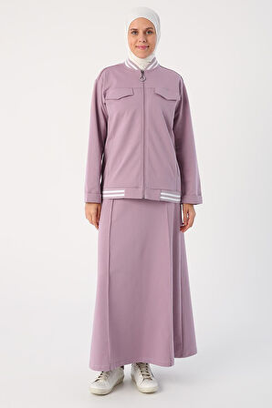 Soft Lila-Çizgili Ribanaları Etekli Kısa Hırkalı Takım