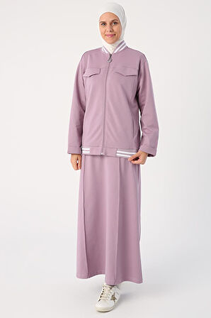 Soft Lila-Çizgili Ribanaları Etekli Kısa Hırkalı Takım