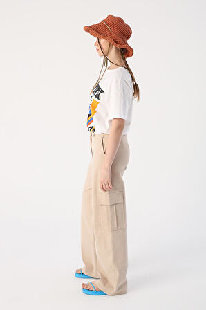 Açık Bej-Pamuklu Kargo Cepli Bol Paça Pantolon