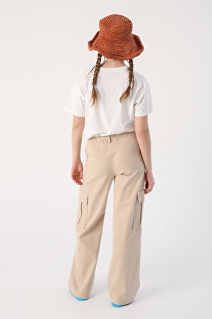 Açık Bej-Pamuklu Kargo Cepli Bol Paça Pantolon