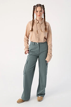 Pastel Yeşili-Pamuklu Kargo Cepli Bol Paça Pantolon