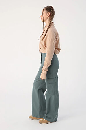 Pastel Yeşili-Pamuklu Kargo Cepli Bol Paça Pantolon