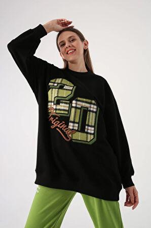 Siyah-Oversize Ekose Aplike Nakışlı Sweatshirt
