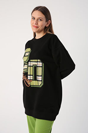 Siyah-Oversize Ekose Aplike Nakışlı Sweatshirt