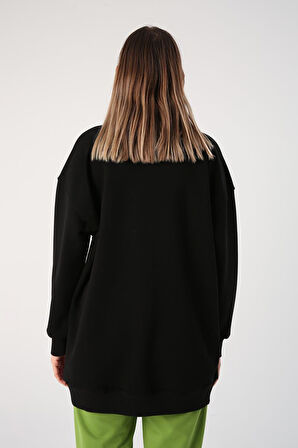 Siyah-Oversize Ekose Aplike Nakışlı Sweatshirt